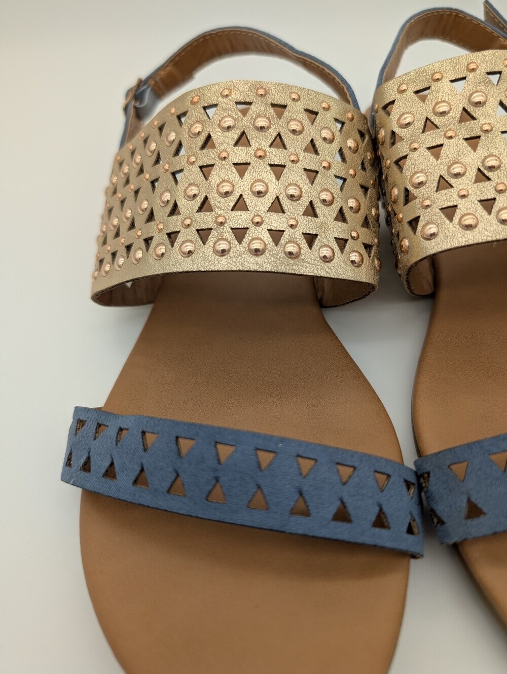 Qupid Geometric Laser Cut Studded Slingback Sandals Blue Metallic Gold - Picture 4 of 9